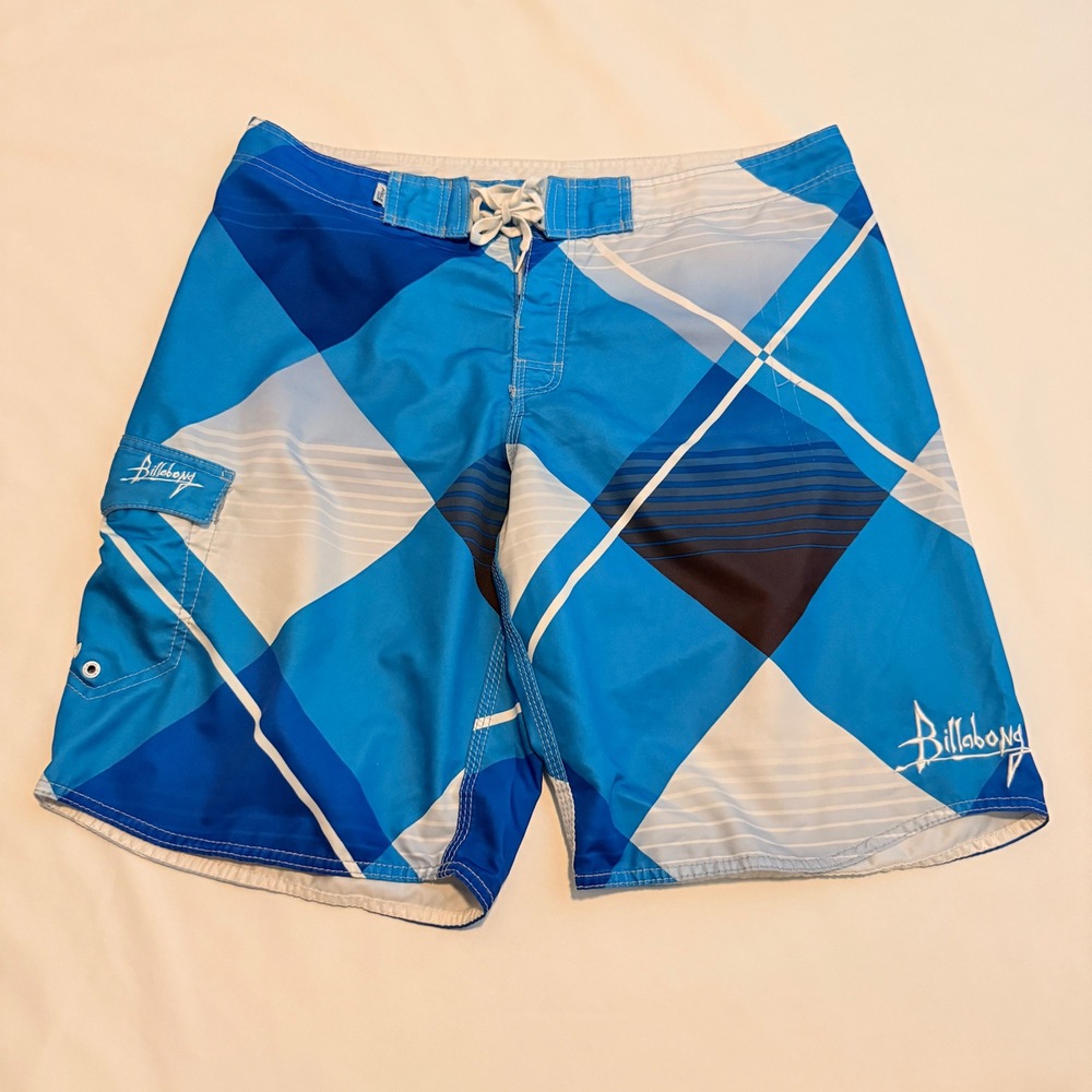 Billabong Board Shorts Men Size 38 Blue Geometric Diamond Cargo Surf Trunks